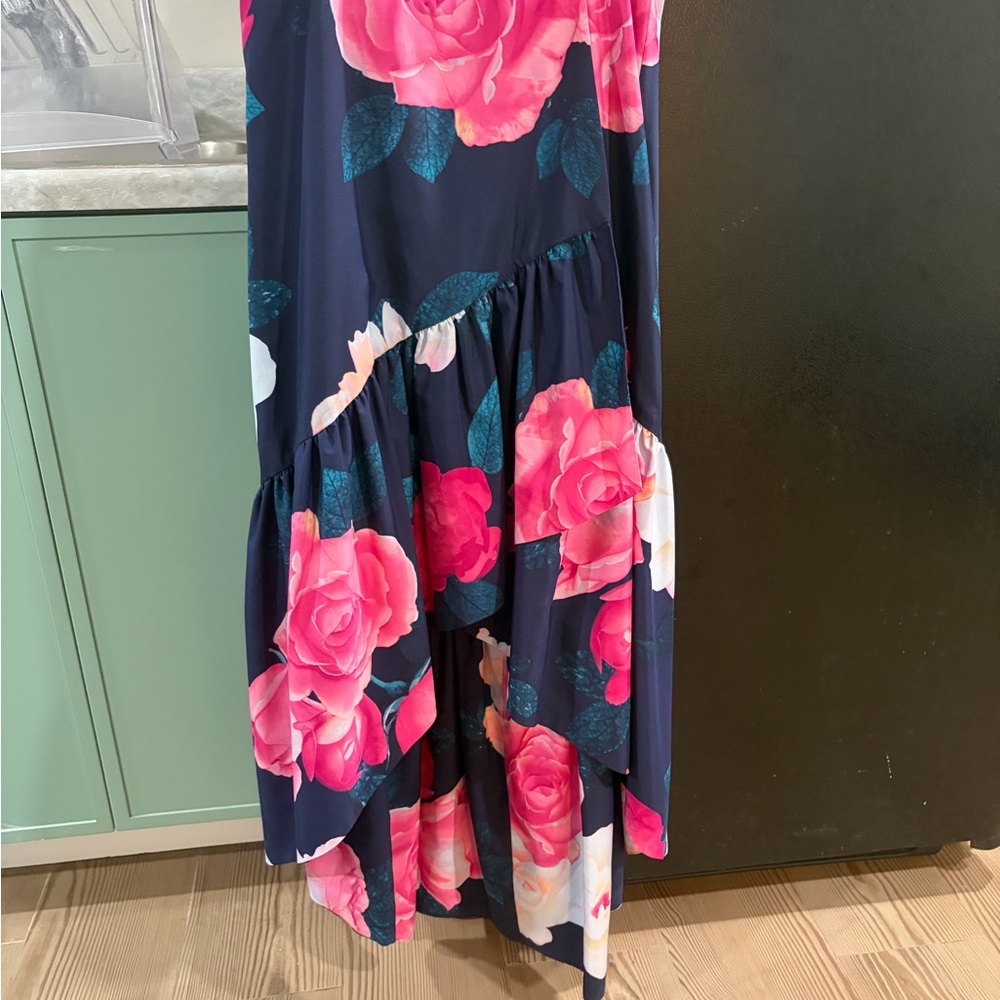 Eliza J Navy Maxi Skirt with Bright Pink Rose Print